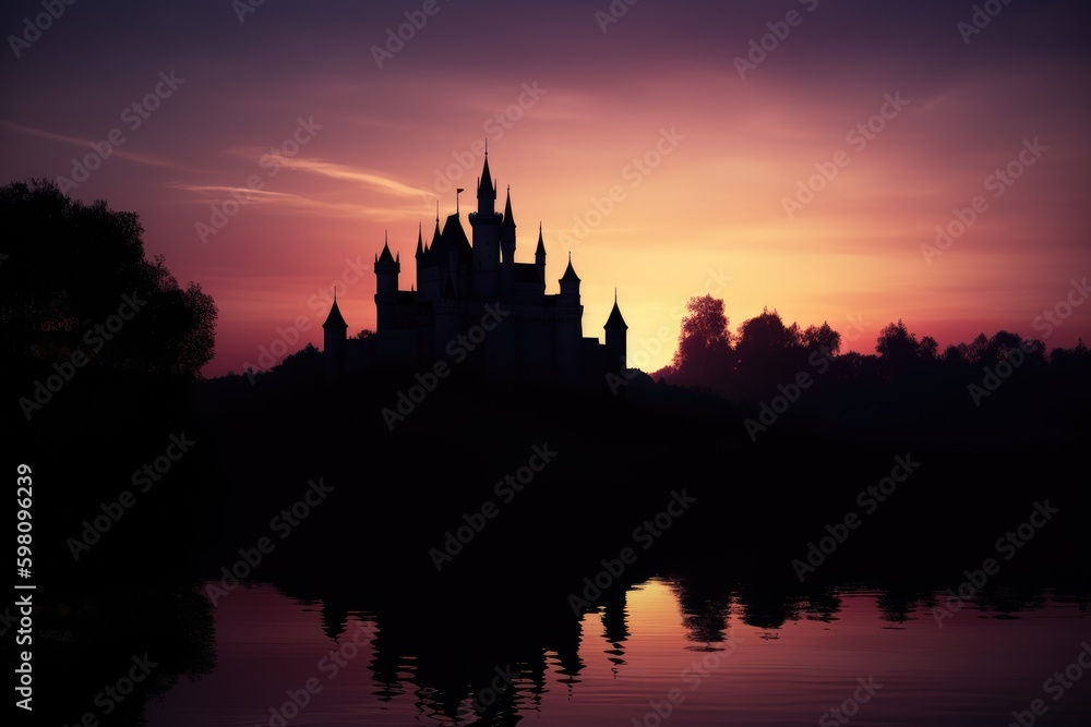 Gradient pink skies behind a fairy tale castle. Minimalist photography.
