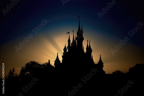 Silhouette of a magic castle with sun rays and gradient sky.