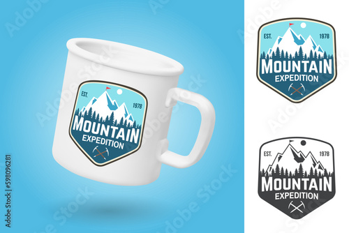 White camping cup. Realistic mug mockup template with sample design. Mountain expedition patch. Vector. Concept for shirt or badge, print, stamp or tee. Vintage design with ice axe and mountain