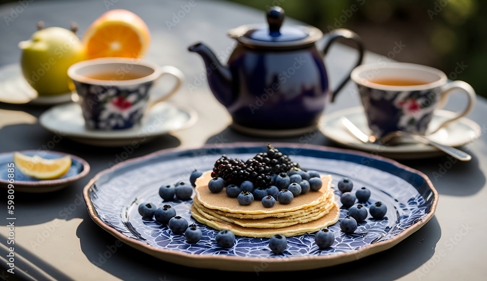 Hearty weekend brunch with circular pancakes topped with blueberries served on a black plate. Hearty weekend brunch with circular pancakes topped with blueberries served on a black plate.
