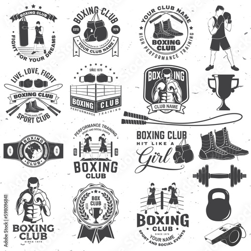 Set of Boxing club badge, logo design. Vector illustration. For Boxing sport club emblem, sign, patch, shirt, template. Vintage monochrome label, sticker with Boxer, gloves, boxing jump rope and shoes