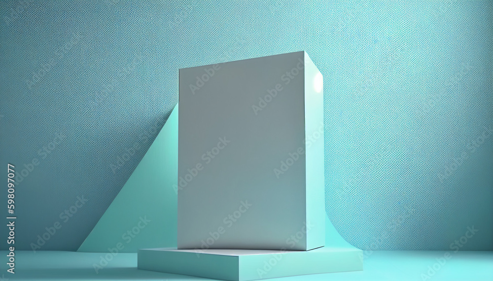 Fototapeta premium Podium of an interesting shape against a light blue wall with beautiful backlighting. Trendy background for presentation. Hyperrealistic