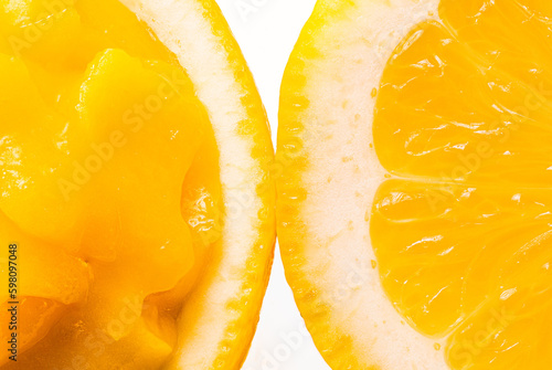 Macro close-up Lemons. 1 lemon filled with lemon curd on white background.