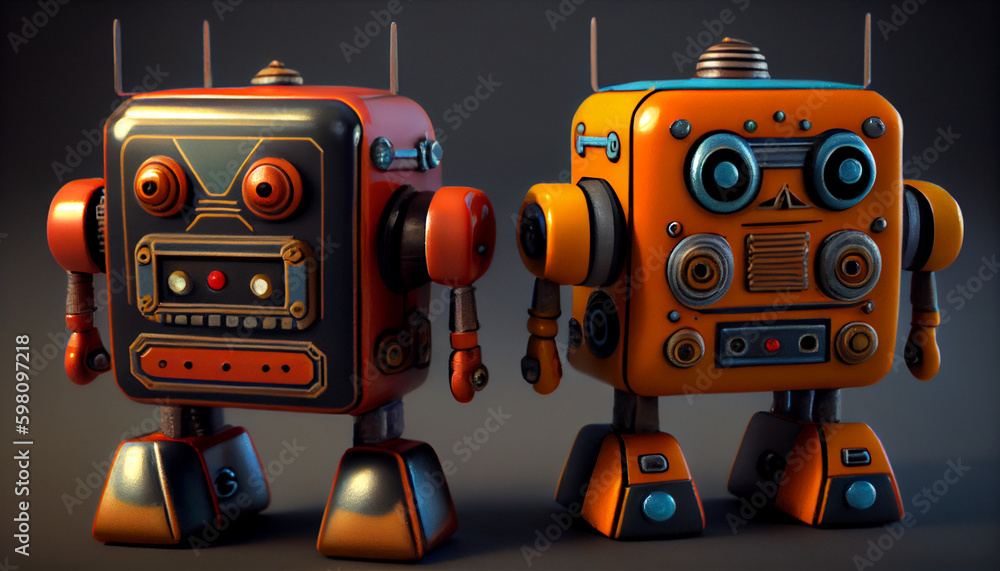 Naklejka premium Retro toy robots model for kids and on studio lighting background Ai generated image