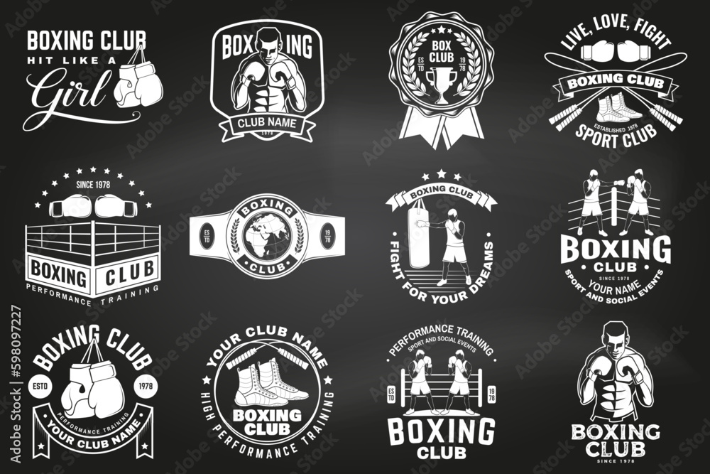Set of Boxing club badge, logo design on chalkboard. Vector illustration. For Boxing sport club emblem, sign, patch, shirt, template. Vintage monochrome label, sticker with Boxer, gloves, boxing jump