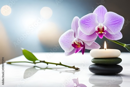 Spa stones, bamboo sprout, burning candle and beautiful orchid flower on white marble table
