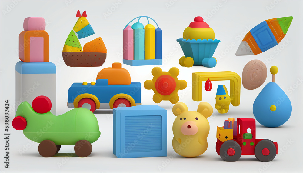 Obraz premium Toy collection for kids, Unique toys collections on solid white background Ai generated image