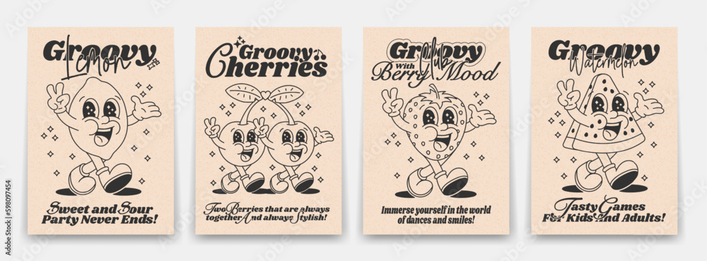Collection contour groovy posters 70s. Retro poster with funny cartoon walking characters in the form of food, strawberries, lemons, cherries and a slice of watermelon, vintage prints, isolated Collection contour groovy posters 70s. Retro poster with funny cartoon walking characters in the form of food, strawberries, lemons, cherries and a slice of watermelon, vintage prints, isolated