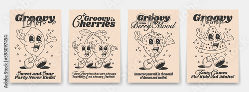 Collection contour groovy posters 70s. Retro poster with funny cartoon walking characters in the form of food, strawberries, lemons, cherries and a slice of watermelon, vintage prints, isolated