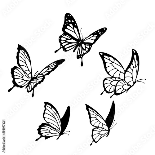 black butterflies. Set of drawn flying butterflies. Summer insects.