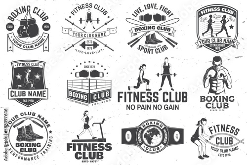Set of Boxing and fitness club badge, logo design. Vector illustration. For sport club emblem, sign, patch, shirt, template. Girl with barbell, boxer, gloves, boxing jump rope and shoes Silhouette.