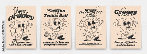 Collection contour groovy posters 70s. Retro poster with funny cartoon walking characters, planet earth, toilet paper, tennis ball, heart, vintage prints, isolated
