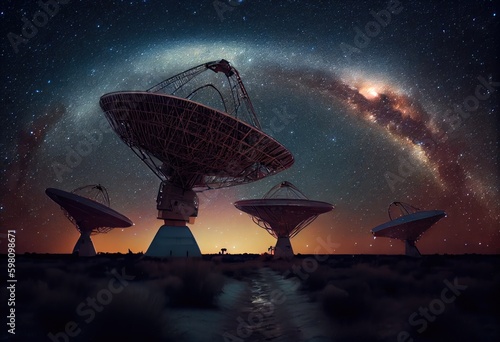 The radio telescopes on the Dawn Grassland, with starry sky in the background. generative ai