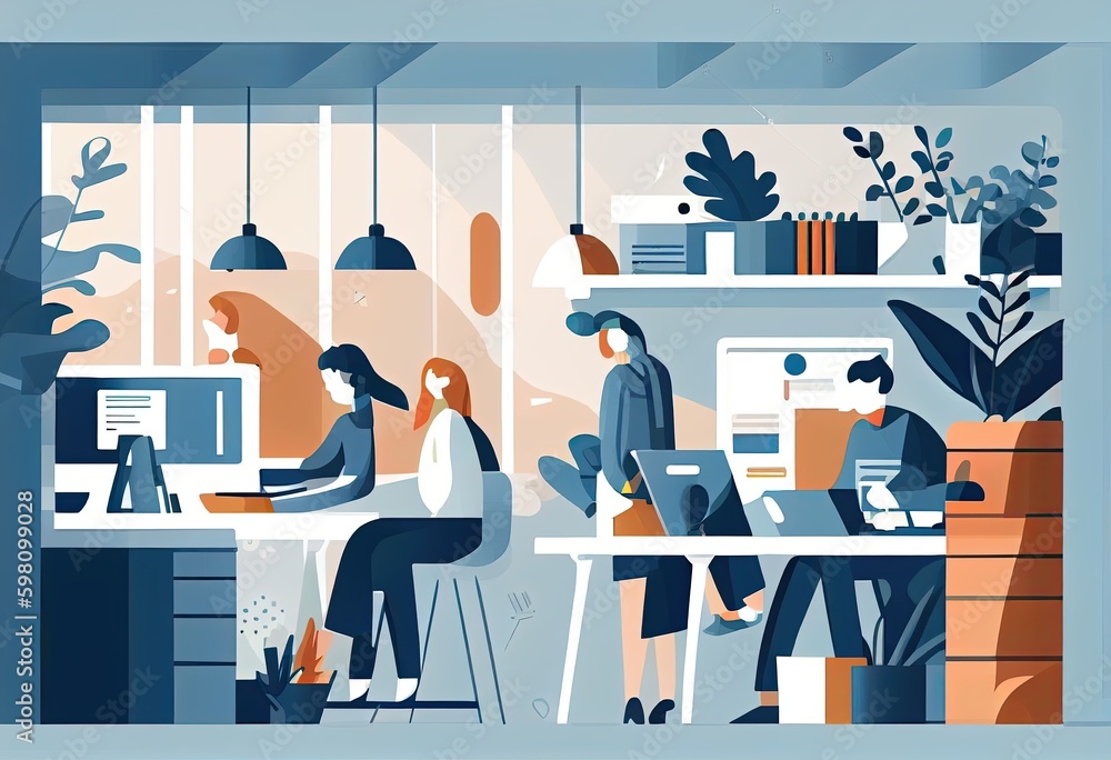 working people in an office, design agency, cosy, 2D illustration, vector illustration, flat graphic style, light colors, partially blue and white, modern design. generative ai working people in an office, design agency, cosy, 2D illustration, vector illustration, flat graphic style, light colors, partially blue and white, modern design. generative ai