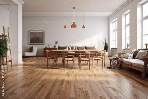 living room with wooden chairs  white walls  brown wooden floor with wooden dining table and light brown sofa  white background  concept art. Modern room. generative ai