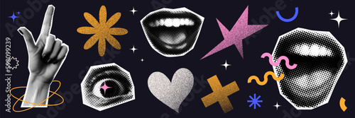 Trendy sticker set with contemporary elements. Halftone hand, mouth, eye. Naive y2k elements with grain texture. Flower, star, cross, heart. Template for posters, banners. Vector illustration.