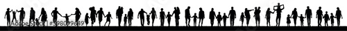 Group of family with kids walking and playing together on grass field vector silhouette set.