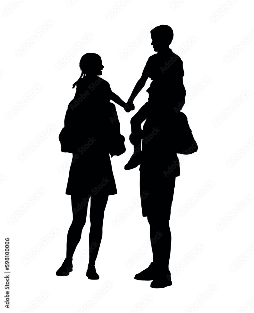 Father and mother carrying their kids on shoulders vector silhouette.
