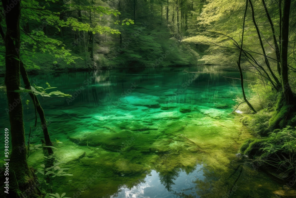 Crystal-clear lake at the heart of a lush, verdant forest was said to be a gateway to the realm of the fae. Generative AI