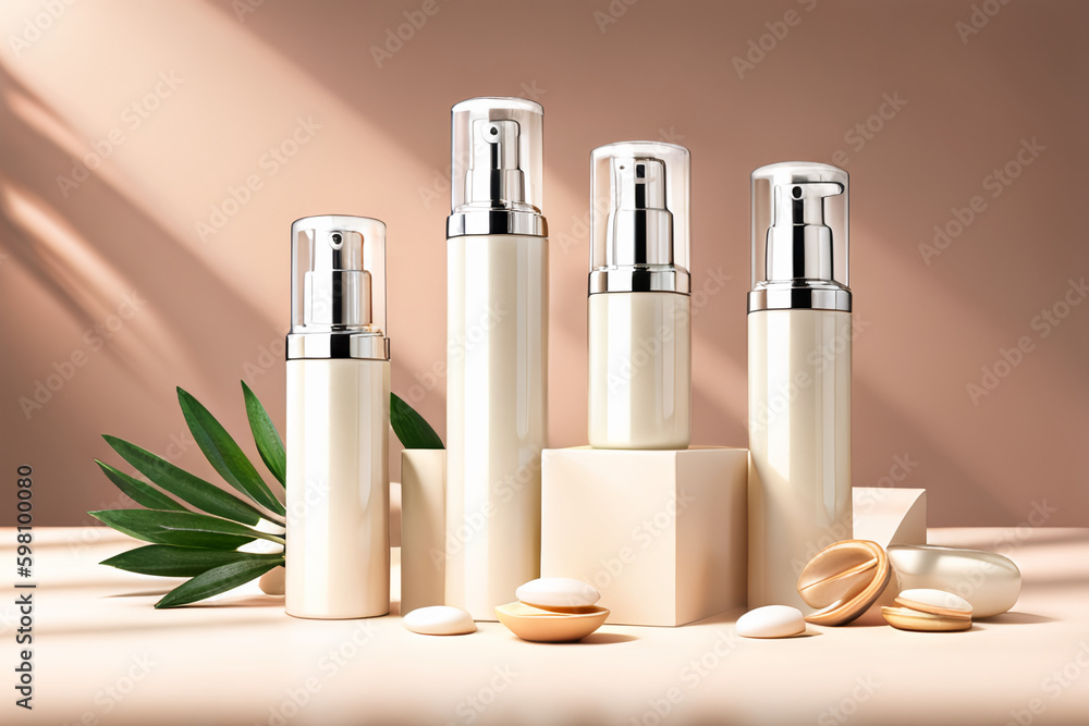 Light silky bottles with skin care cosmetics on peachy background Light silky bottles with skin care cosmetics on peachy background