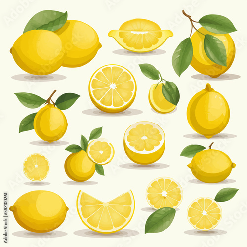 A set of realistic lemon illustrations, perfect for use in scientific or educational designs