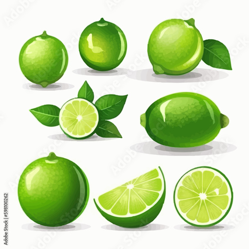 A pack of Lime illustrations featuring whole Limes and cut slices