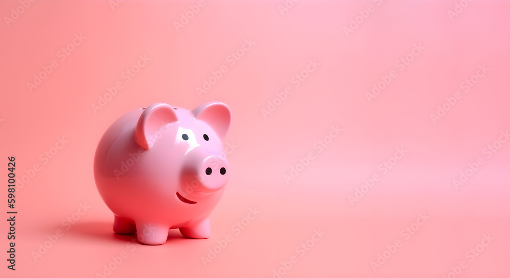 Funny Smiling Piggy Bank Money Box on Pink Background: AI Generated Image