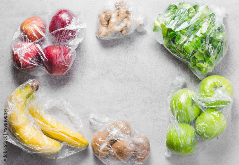 Fruits in Plastic Bags, Shopping with SingleUse Plastic Bags