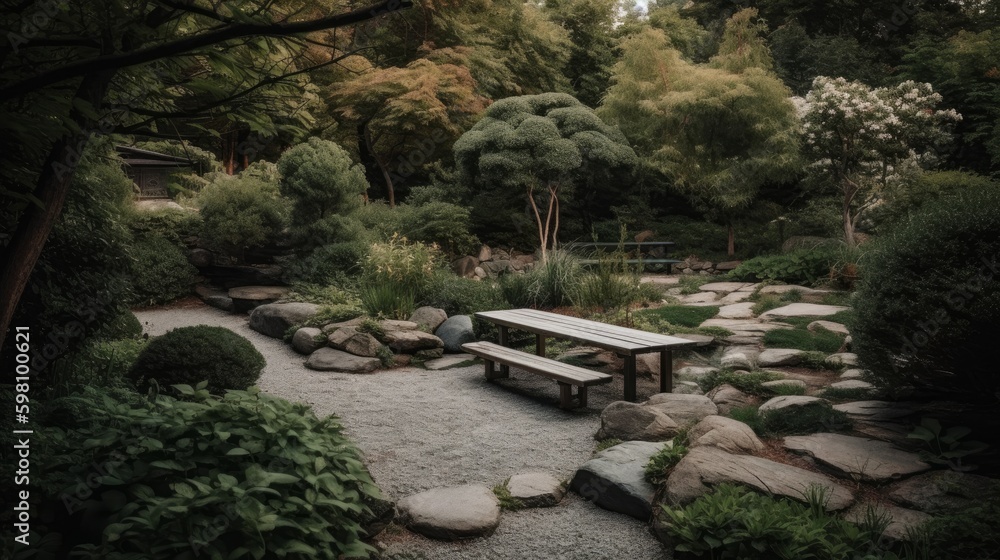 A serene backyard with a natural rock garden and minimalist seating options. AI generated