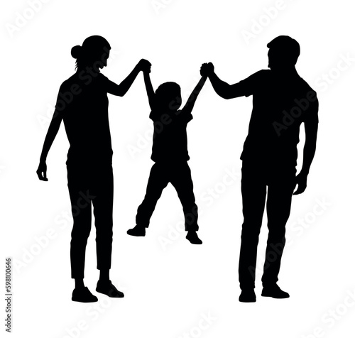 Happy couple swinging child holding hands vector silhouette.