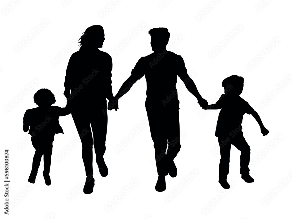 Family with two children holding hands while running together silhouette.