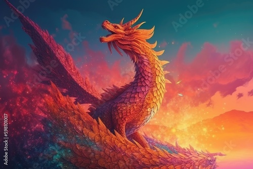 Dragon soared across the sky, its scales glittering in the sunlight. Generative AI © Kanisorn