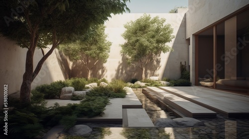A simple courtyard with a minimalist water feature and natural stone pavers. AI generated