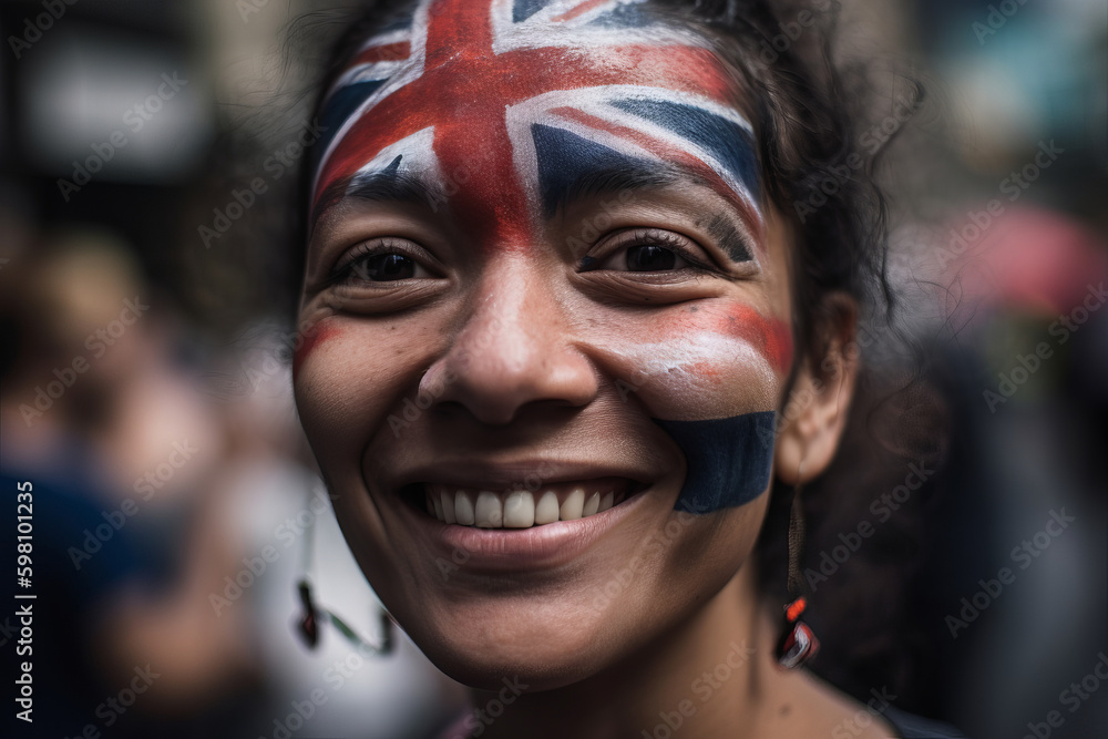 Portrait of a happy woman with her face painted in Union jack Great britain flag. Generative ai Generative AI