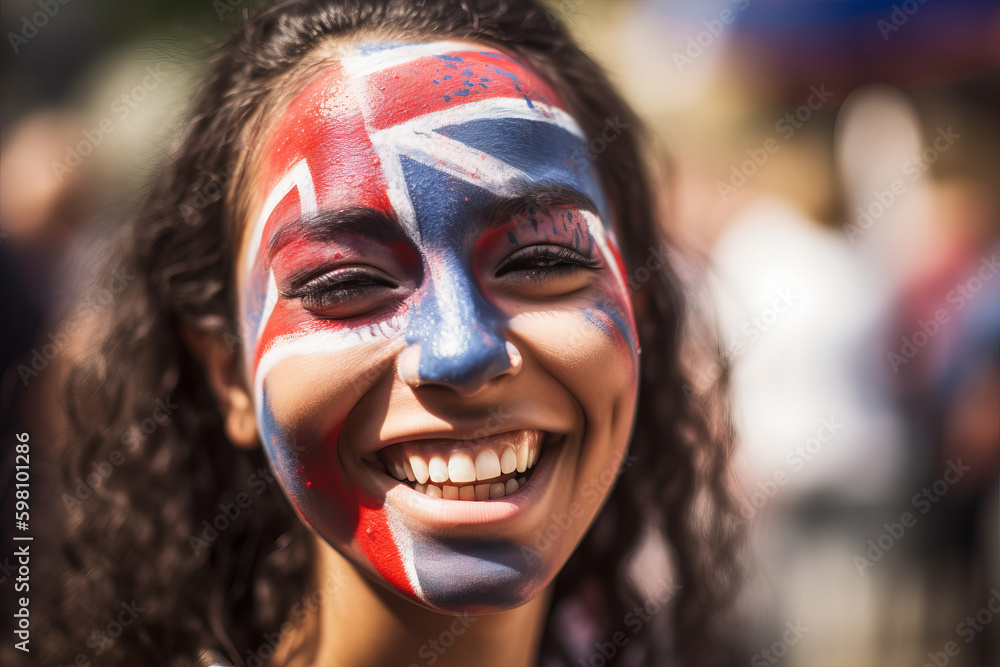 Portrait of a happy woman with her face painted in Union jack Great britain flag. Generative ai Generative AI Portrait of a happy woman with her face painted in Union jack Great britain flag. Generative ai Generative AI