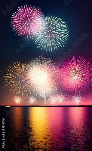 Night landscape with fireworks over the sea