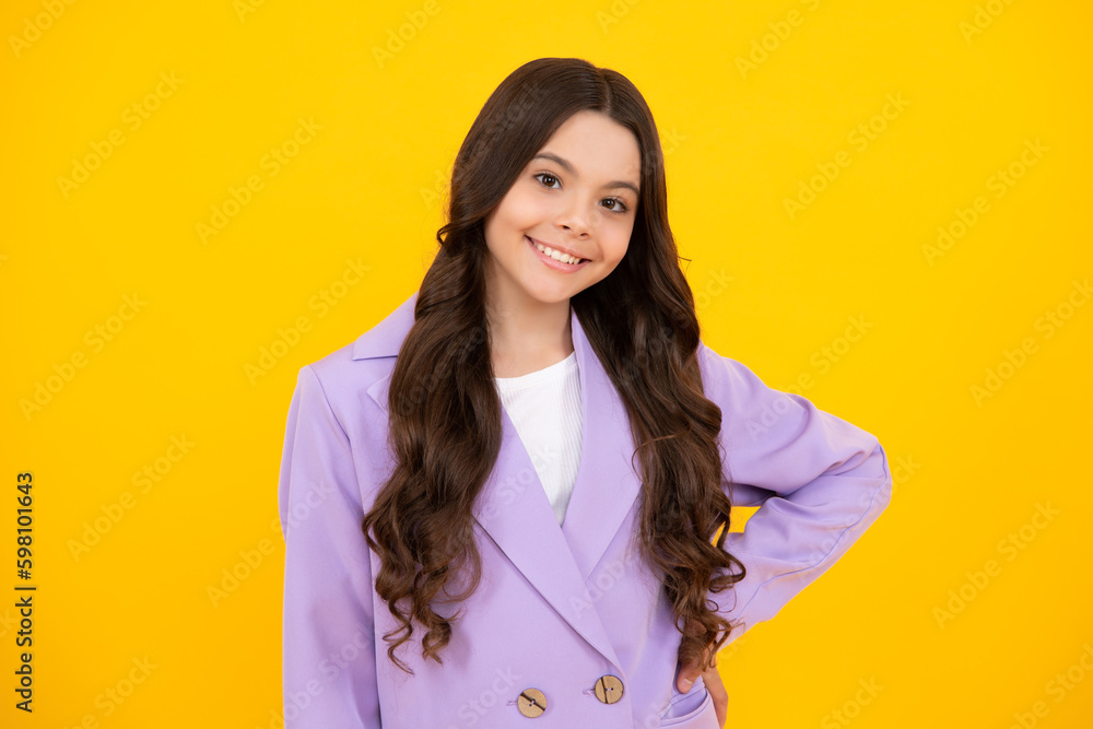 Fototapeta premium Happy face, positive and smiling emotions of teenager girl. Beautiful teen girl student. Portrait of teenager school girl on isolated background. Clever schoolgirl, nerd smart child.
