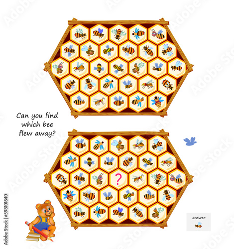 Logic puzzle for children and adults. Can you find which bee flew away? Educational game. Page for kids brain teaser book. Task for attentiveness. Play online. Cartoon vector.