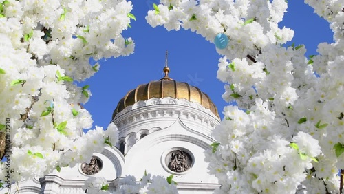 View of Cathedral of Christ the Saviour in Moscow, Russia through frame of white blooming flowers. Clear blue sky. Zoom in. Real time video. Easter holiday theme.