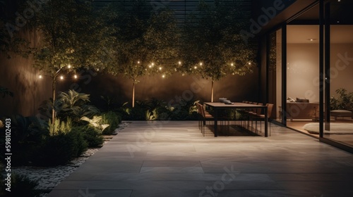 A sophisticated outdoor space with a minimalist flagstone patio and elegant lighting. AI generated