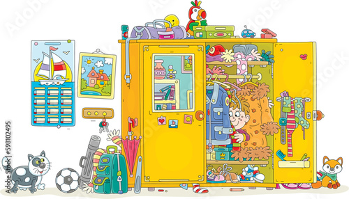 Little boy playing with his funny cat hide and seek in a large closet full of clothes, shoes, other things and toys in a home hallway, vector cartoon illustration isolated on a white background