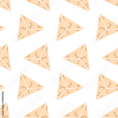 Seamless pattern with D4 dices. Polyhedral dices for rpg tabletop games. Beige objects isolated on white background. Vector illustration for print, tee, packaging Generative AI