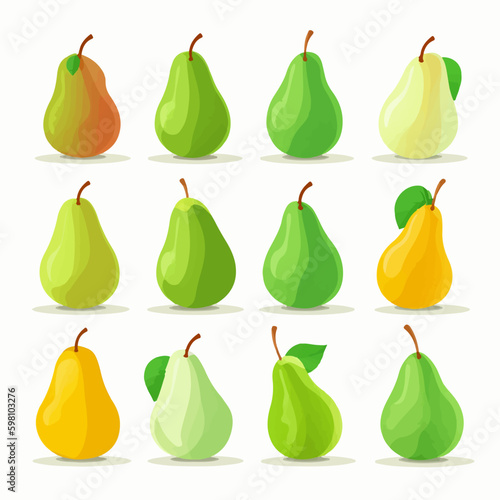 Set of vector images featuring whole and sliced pears.