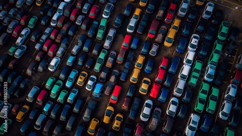 An aerial view of the vehicles that are lined up at the port to be transported. Generative AI.