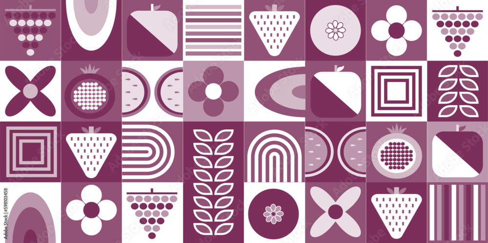 Scandinavian Fruit pattern. Abstract bauhaus food shapes and floral elements in purple white background. Scandinavian Fruit pattern. Abstract bauhaus food shapes and floral elements in purple white background.