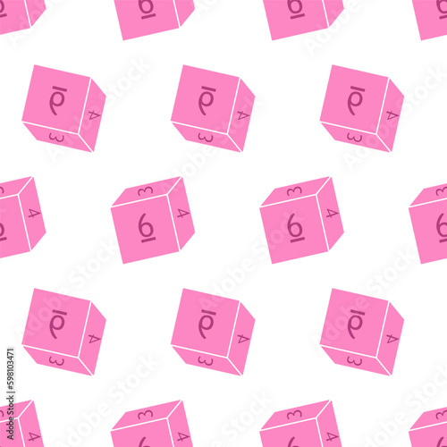 Seamless pattern with D6 dices. Polyhedral dices for rpg tabletop games. Pink objects isolated on white background. Vector illustration for print, tee, packaging Generative AI