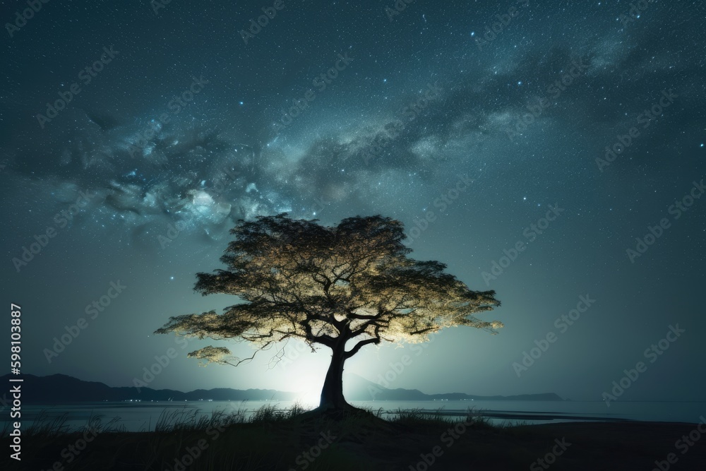Tree in the night sky under stars. Minimalist photography. Generative AI. Generative AI. Tree in the night sky under stars. Minimalist photography. Generative AI. Generative AI.