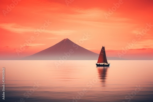 Sailboat at sunset, orange gradient skies. Minimalist photography. Generative AI. Generative AI.