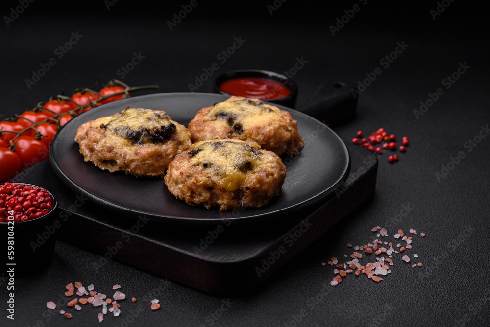Delicious baked meat boats with mushrooms, cheese, salt and spices Delicious baked meat boats with mushrooms, cheese, salt and spices