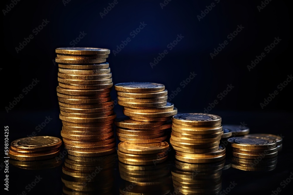 Achieving Financial Success: Stack of Golden Coins on Dark Blue Background: Generative AI Achieving Financial Success: Stack of Golden Coins on Dark Blue Background: Generative AI